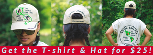 3 images of a Native American woman modeling a hat and a t-shirt that says one people one plant, somos los mismos, with the map of the western hemisphere map and unatierra.net
